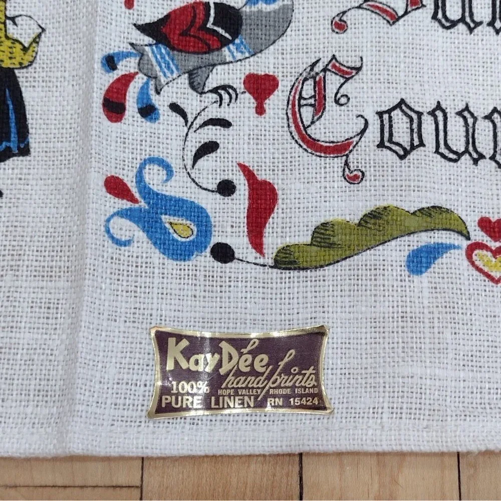 Vintage KayDee Hand Prints Pure Linen Tea Towel Dutch Country Amish Pennsylvania